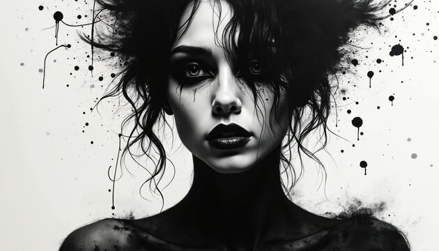 Black ink portrait of woman with messy hair and dramatic makeup. Splashes and drips create abstract texture. Strong contrast highlights her intense stare.
