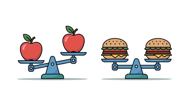 Two traditional balance scales illustrate the comparative weight of healthy apples versus indulgent burgers.
