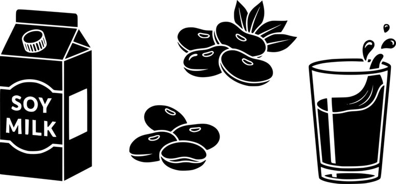 Vegan plant based dairy free beverage icon set featuring simple black silhouettes of a soy milk carton soybeans and a glass with a splash &ndash; Black and White Vector Illustration