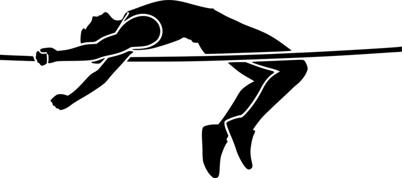 Track and field athletics competition and professional sports performance icon featuring a simple black silhouette of an athlete leaping over a high jump bar &ndash; Black and White Vector Illustration