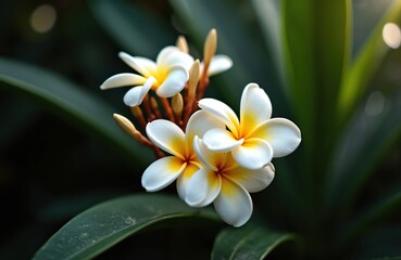 Fototapeta premium White frangipani flowers with yellow centers bloom on a tropical plant. Soft focus background with green leaves and bokeh lights. Natural beauty for wellness.