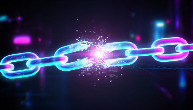 A vibrant digital illustration depicts a chain breaking apart symbolizing disruption or freedom with glowing neon colors and particle effects high quality professional