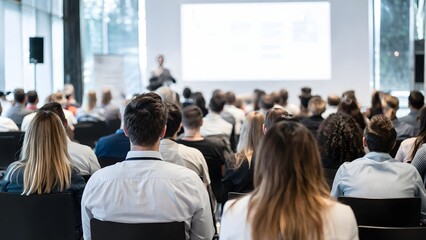 Fototapeta premium Large audience listening to a presenter at a corporate business conference perfect for professional seminar promotions educational event backgrounds or corporate training themes.