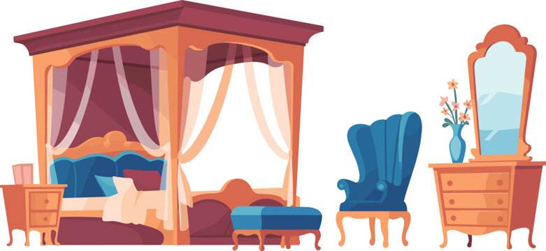 Elegant bedroom furniture set flat vector illustration with canopy bed armchair dresser mirror and classic interior decor elements