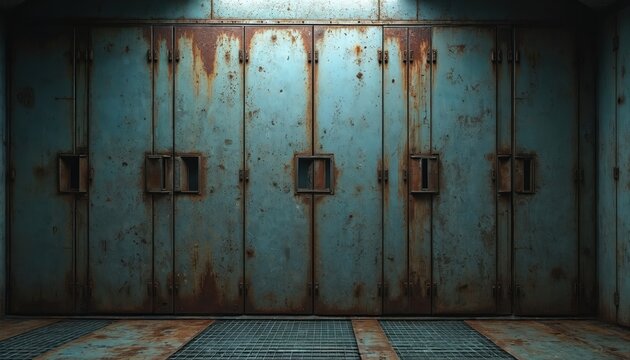 Old rusty metal doors with vents create a rough industrial background. This grungy scene suggests a bunker or sci-fi setting. Aged steel panels show wear and tear.