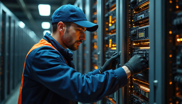 Man in blue uniform, cap works in server room. Technician maintains computer rack hardware. Tech support guy fixes data center equipment. Network engineer checks server. IT specialist upgrades server.