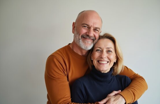 Middle aged couple embrace with smiles in studio portrait. Happy man hugs woman, showing love and companionship. They look forward with joy.