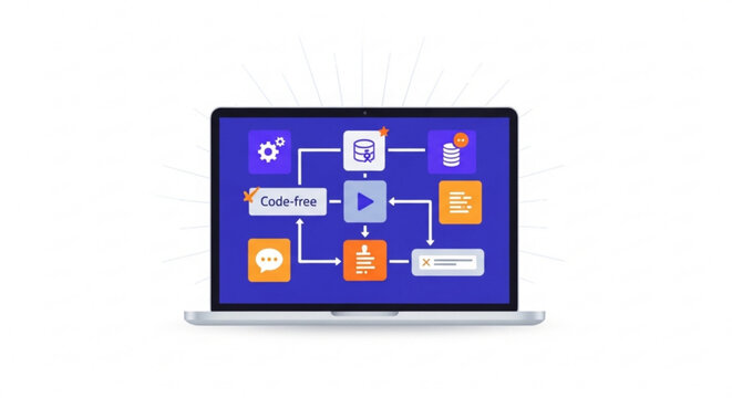 Laptop displays code free workflow diagram on screen with various icons and symbols on blue background