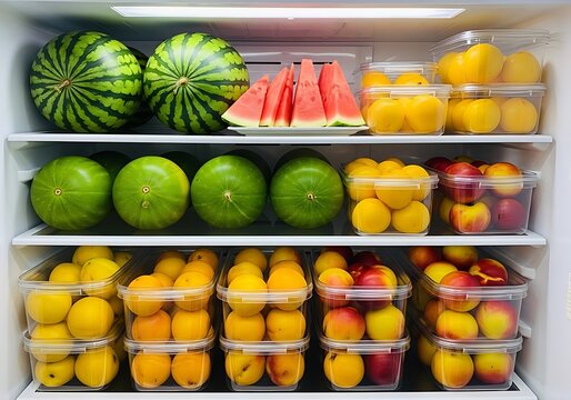 Refrigerator shelves stocked with various fresh fruits and vegetables