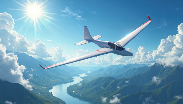 White glider plane flies over mountain valley and river. Blue sky, bright sun, white clouds. Scenic aerial journey above green landscape. Peaceful flight.