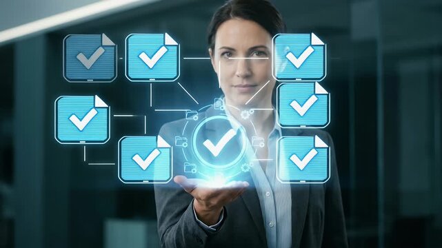 Medium close-up of a professional holding an open palm while a glowing blue check mark icon encircled by document and gear symbols hovers above, slow steady push-in with dark teal background and soft 
