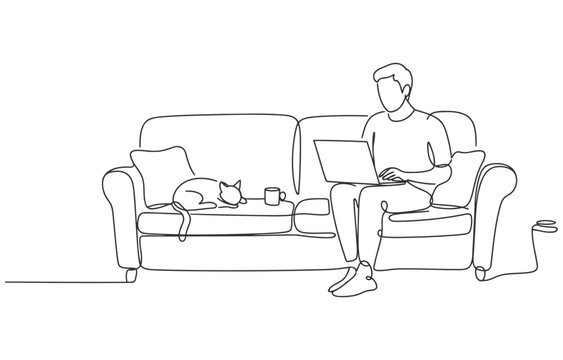 Relaxed scene of person using laptop on sofa with cat and cushion remote work line art black and white living room couch potato domestic furniture computer technology freelance relaxation
