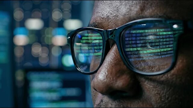 Close up of man wearing glasses with reflected data charts and digital interface. Concept of analytics, programming and cybersecurity.