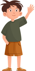 Obraz premium Cartoon boy with brown hair wearing shorts waving illustration