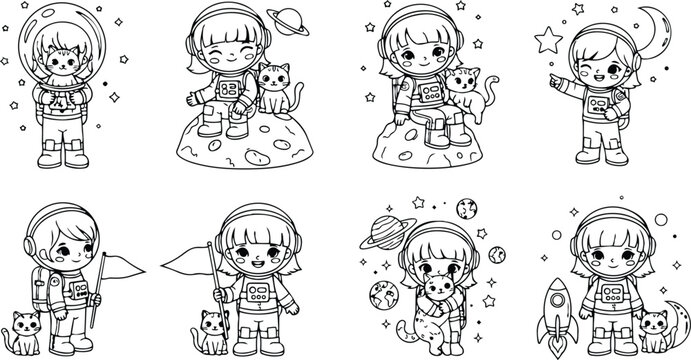 Cute line art astronaut girl and boy with cat on moon holding flag rocket and planets set of eight space coloring scenes close up flat outline