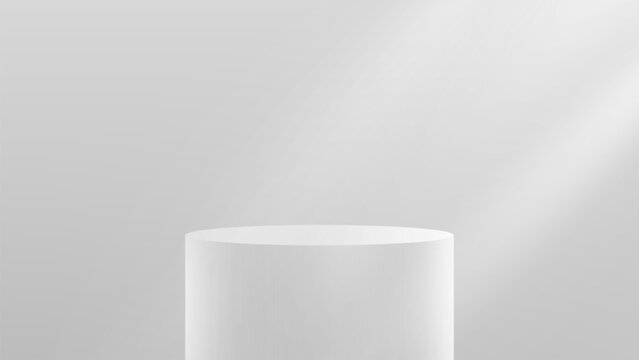 3D glass transparent crystal. Empty cylindrical pedestal. 3D cylinder and cube glass platforms set background. Vector realistic illustration of transparent plastic round and square