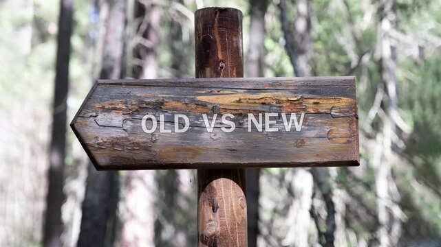 A weathered, rustic wooden signpost stands firmly in a sunlit forest, presenting a clear choice between old vs new concepts to passersby