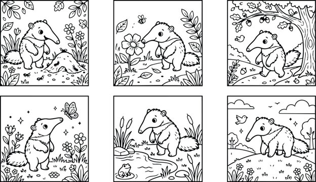 Line art coloring panels showing six square scenes of cute anteater exploring anthill smelling flower walking under oak tree watching butterfly by pond near singing bird
