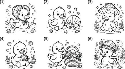 Obraz premium Adorable baby duck wearing seashell hat looking at camera sitting in shallow water surrounded by small shells with woven basket to side playful smiling line drawing
