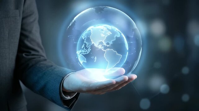 Medium close-up of a hand extended forward supporting a glowing blue digital globe with illuminated continental outlines and subtle data particles orbiting around it, slow cinematic push-in with cool 