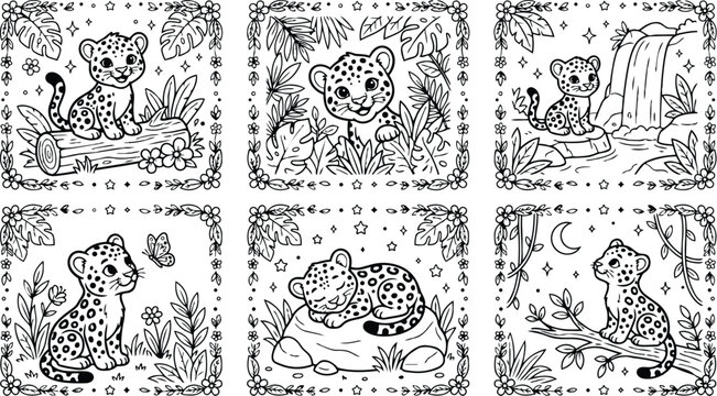 Line art cute leopard cubs in six square panels sitting sleeping playing on log branch near waterfall surrounded by leaves flowers stars in black and white