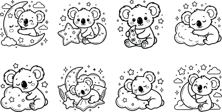 Cute hand drawn koala characters hugging stars and moons in nursery style line art set close up square frames sleeping and smiling on clouds for coloring