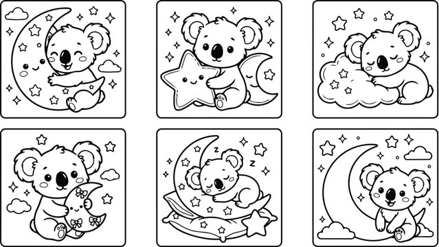 Cute line art koala hugging crescent moon and star plush close up square panels set for kids coloring page nighttime sleepy mood looking at camera smiling