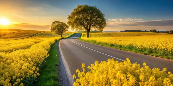 Scenic asphalt road curving through vibrant yellow blooming fields at sunset with two majestic trees