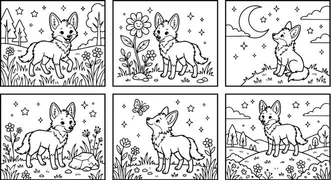 Line art childrens coloring page panels showing smiling fox in multiple outdoor scenes looking up sitting and walking in grassy meadow under stars and moonlit sky