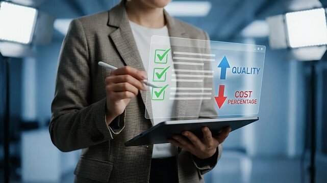 Close-up of a professional holding a tablet while selecting checklist items as cost percentage arrows point downward and quality arrows point upward in a floating interface, slow cinematic push-in wit