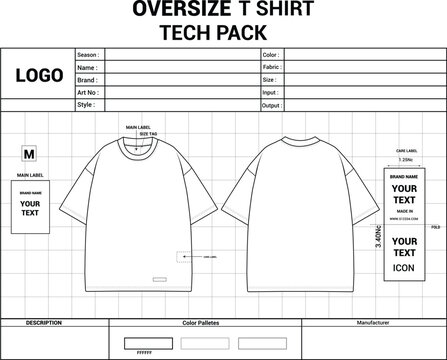 Oversized T Shirt Tech Pack Template Vector, Apparel Specification Sheet, Clothing Size Chart Design