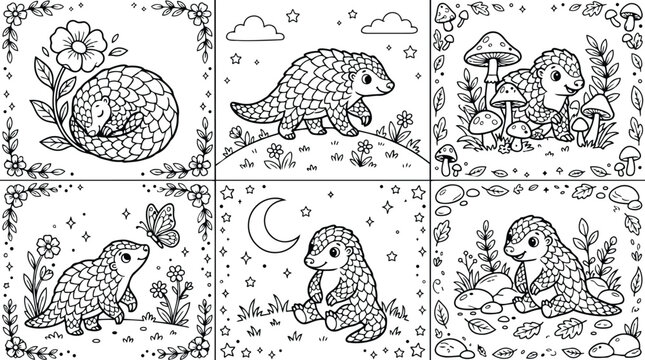 Whimsical hand drawn pangolin coloring pages six panels showing curled sleeping pangolin walking exploring mushrooms moon stars and floral borders cute cartoon close up smiling meadow