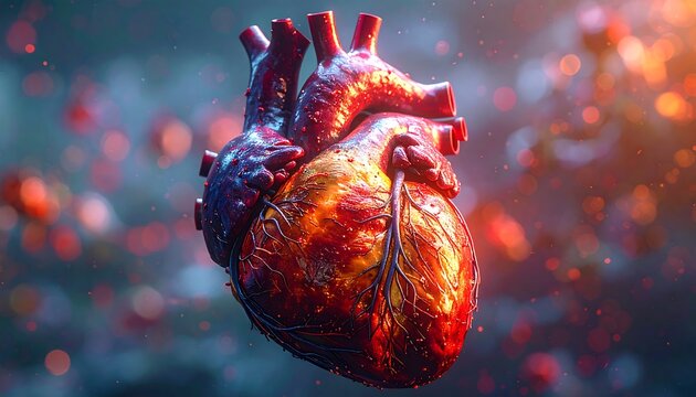 Detailed human heart. Bright red and orange organ with visible veins, surrounded by a blurred ethereal background