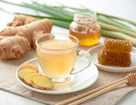 Healthy Herbal Drink Ginger Honeycomb Lemongrass in Clear Glass Cup