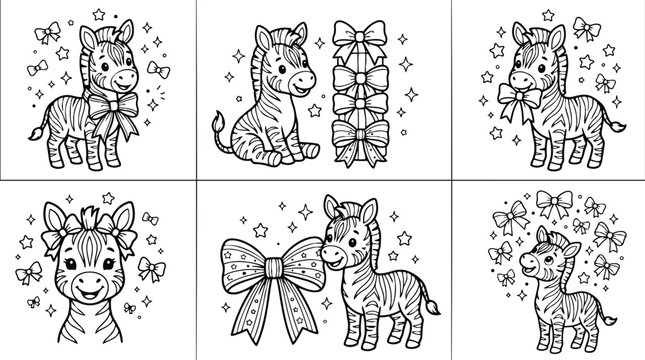 Cute hand drawn zebra with oversized bow looking at camera standing in portrait framing among floating bows stars and sparkles in black and white line art