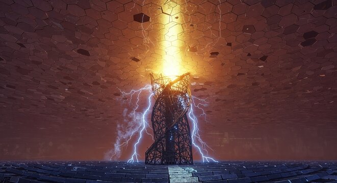 Futuristic energy tower with golden light beam and blue lightning. Advanced power generation facility in a dark industrial setting. Sci-fi data center concept
