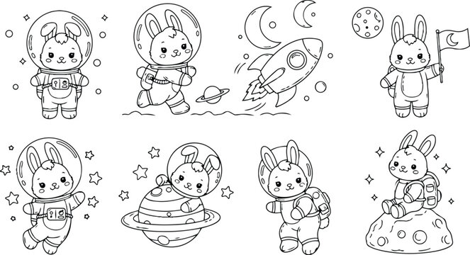 Cute astronaut bunny in helmet close up looking at camera holding flag on moon surface with backpack rocket and stars in line art coloring page illustration
