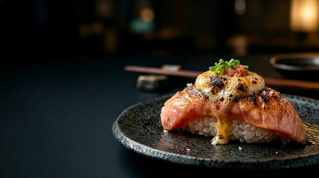 Extreme Macro of Seared Salmon Nigiri Sushi with Caramelized Mayonnaise on Dark Background with Negative Space for Advertising