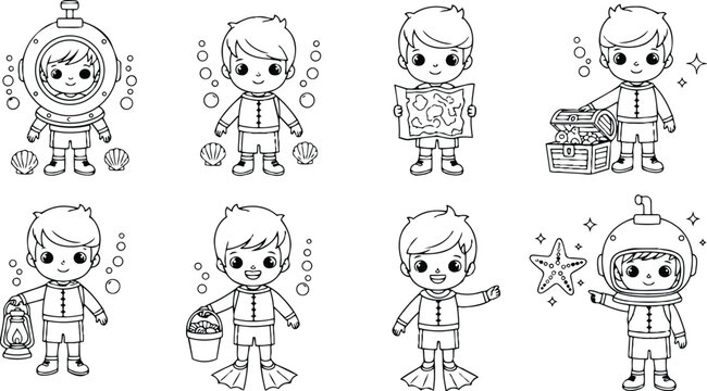 Cute cartoon boy in vintage diving helmet looking at map and holding treasure chest and lantern on sea floor with starfish and bubbles playful line art