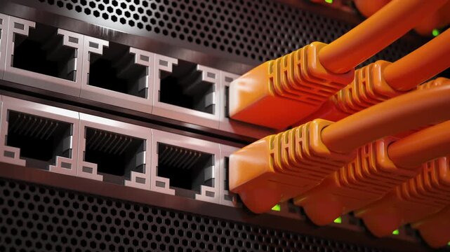 A row of lan Ethernet cable plugging in server or router, 3d animation