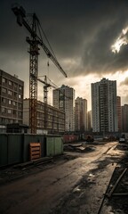 Fototapeta premium Construction site with cranes and apartment buildings under stormy sky city