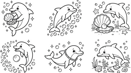 Naklejka premium Cute cartoon dolphin line art set showing six playful dolphin poses holding shells pearls and bubbles perfect for coloring pages close up outlines joyful underwater scene