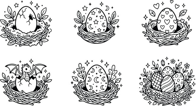 Whimsical line art nests with decorated eggs dragon hatching star moon heart patterns close up down composition black outline illustration playful cute botanical foliage vector isolated