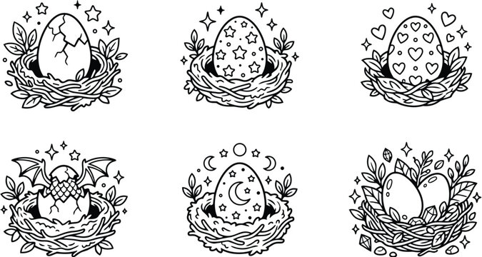 Line art coloring page six decorative egg nests arranged in grid cracked star heart dragon moon and gem motifs close up top view black white vector