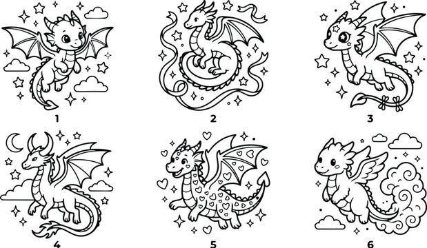 Cute line art dragon coloring sheet six whimsical dragon designs numbered close up playful details clouds stars hearts ideal for kids simple outlines bold strokes printable