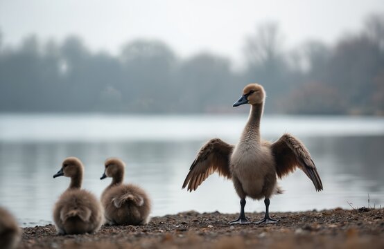 Young cygnet bird stands with wings spread on lake shore. Two fluffy chicks sit nearby on ground. Waterfowl learn to fly near calm water in natural habitat.