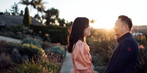 Fototapeta premium Young couple male female asian adult romantic sunset pathway garden facing each other smiling conversation warm backlight coastal plants romantic moment