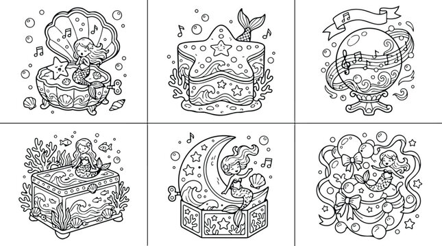 Cute line art mermaid sitting in open shell singing with musical notes close up coloring page style top view with bubbles coral and decorative stars whimsical
