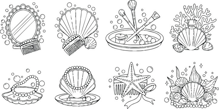 Hand drawn line art seashell cosmetics set close up mirror comb makeup brushes pearls coral tray starfish open shell arrangement studio soft lighting vintage detailed