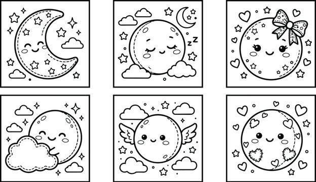 Kawaii line art close up cute smiling moon faces in six square panels with crescent and round moons hugging clouds stars hearts bow and wings outline